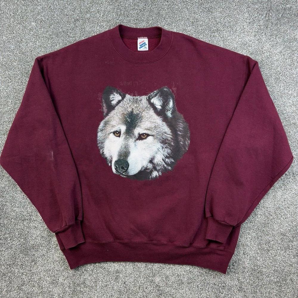 Vintage Wolf Sweatshirt Mens XL Burgundy Red Art Nature Animals Native American